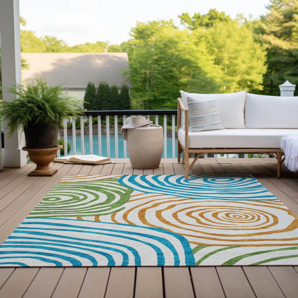 9' X 12' White Orange And Teal Blue Abstract Washable Indoor Outdoor Area Rug