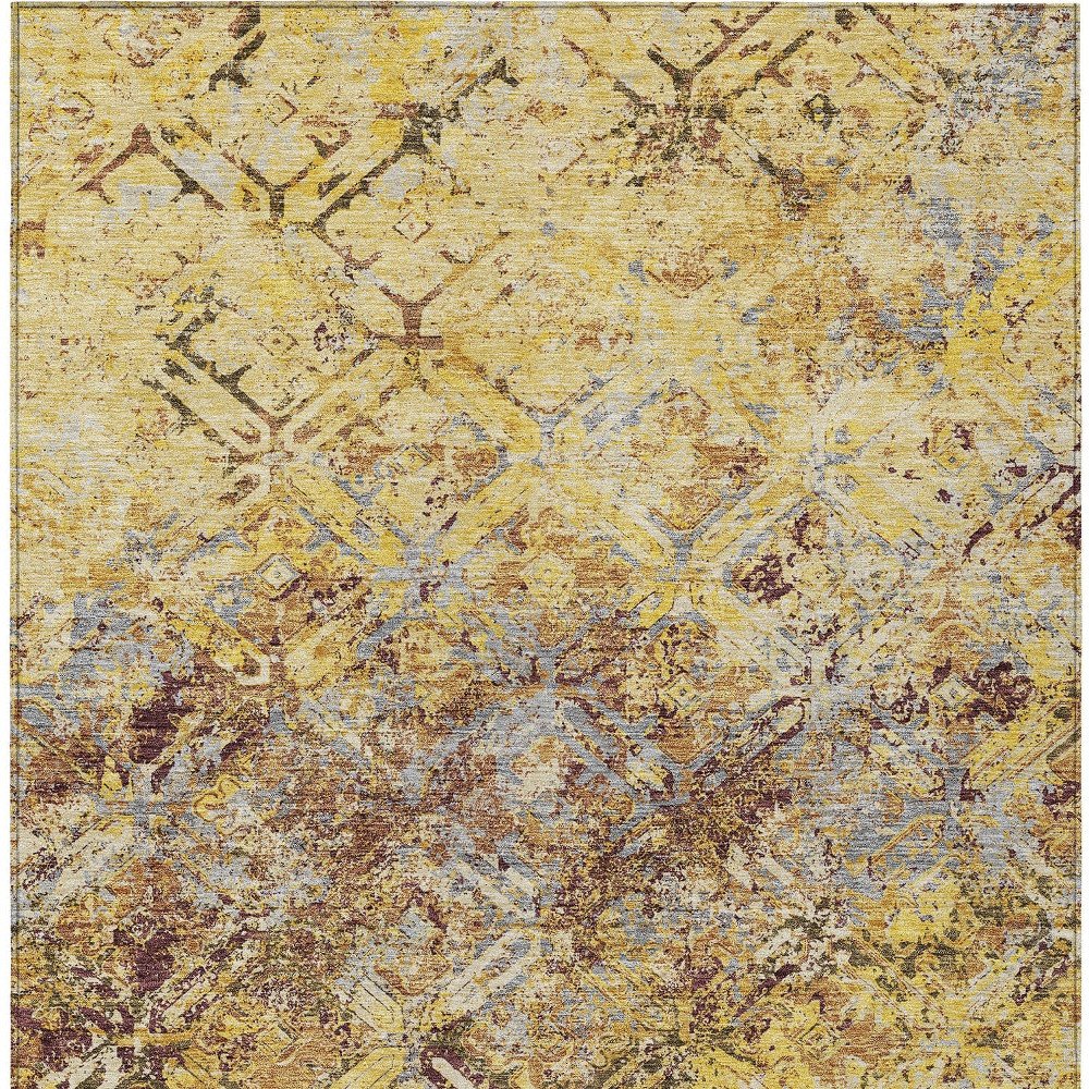 9' X 12' Wheat Gold And Gray Geometric Washable Indoor Outdoor Area Rug