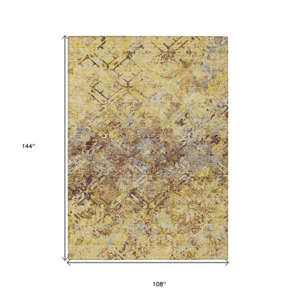 9' X 12' Wheat Gold And Gray Geometric Washable Indoor Outdoor Area Rug