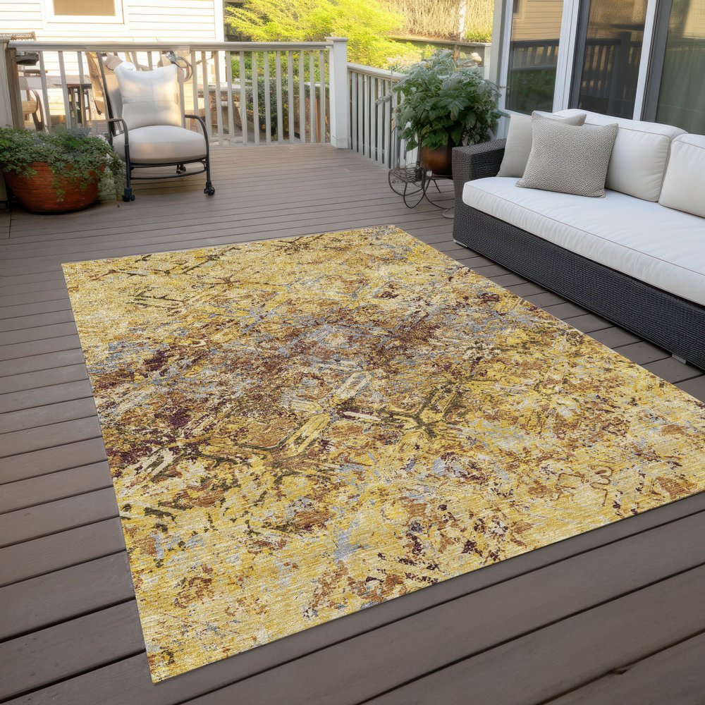 9' X 12' Wheat Gold And Gray Geometric Washable Indoor Outdoor Area Rug