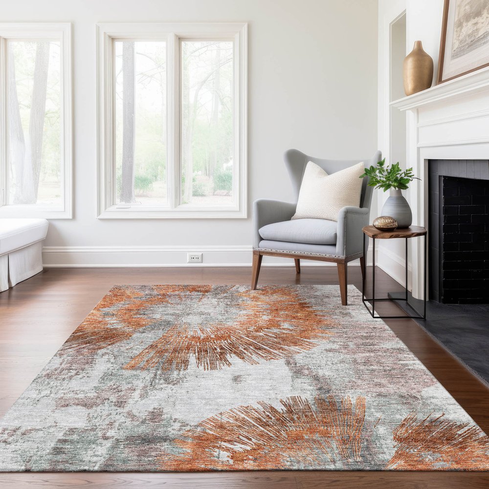 9' X 12' Terra Cotta Copper And Taupe Abstract Washable Indoor Outdoor Area Rug