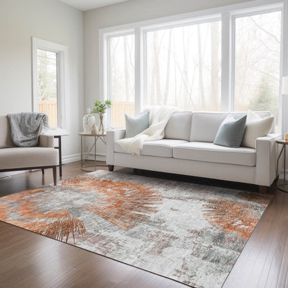 9' X 12' Terra Cotta Copper And Taupe Abstract Washable Indoor Outdoor Area Rug