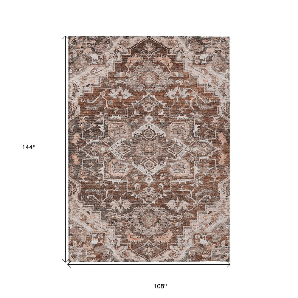 9' X 12' Terra Cotta Brown And Copper Oriental Washable Indoor Outdoor Area Rug