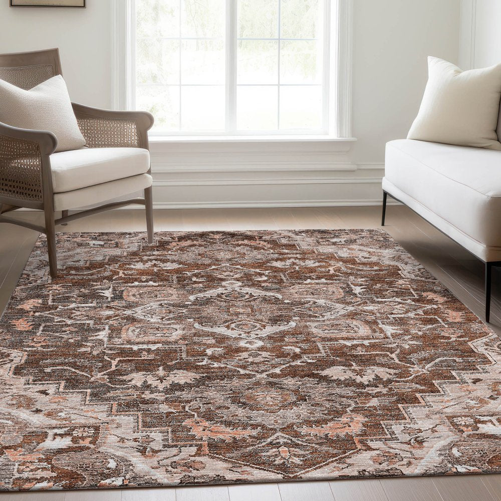 9' X 12' Terra Cotta Brown And Copper Oriental Washable Indoor Outdoor Area Rug