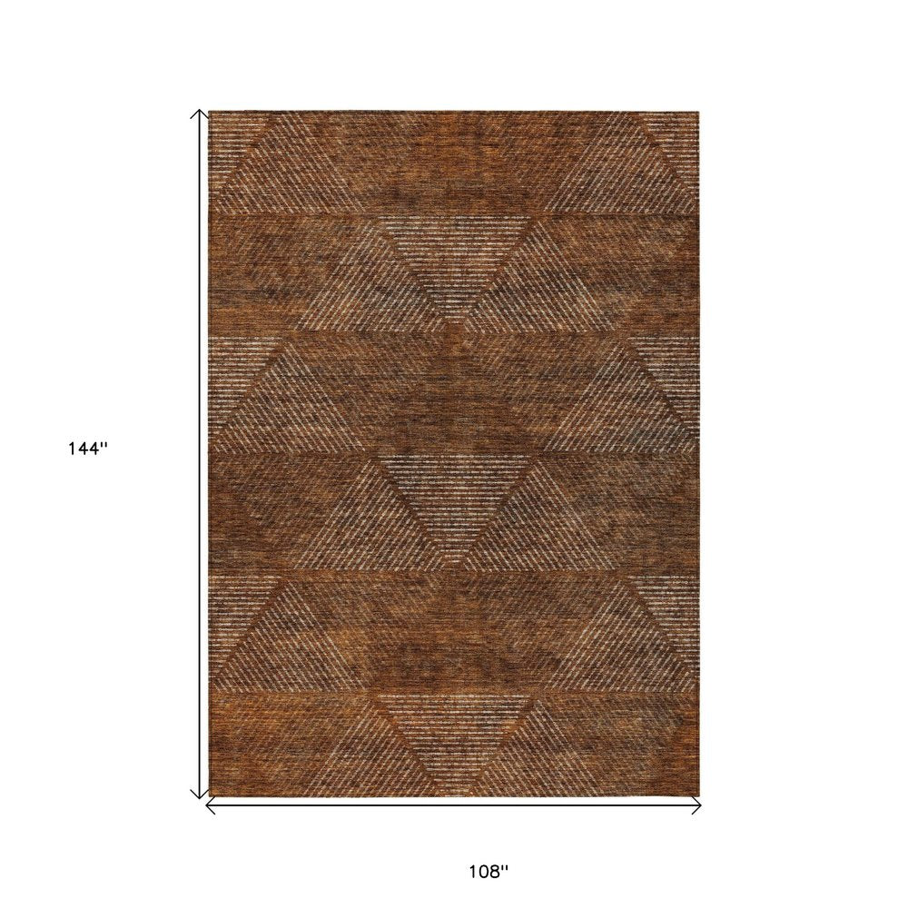 9' X 12' Terra Cotta Copper And Beige Geometric Washable Indoor Outdoor Area Rug