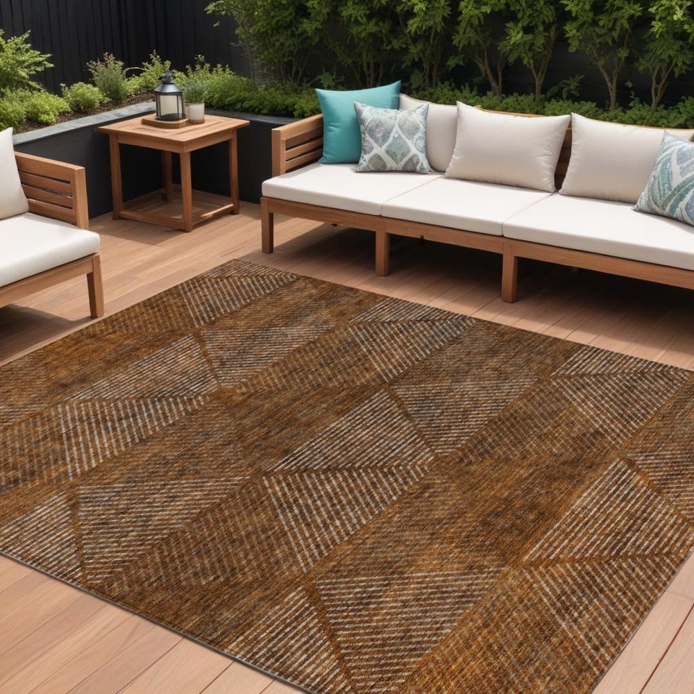 9' X 12' Terra Cotta Copper And Beige Geometric Washable Indoor Outdoor Area Rug