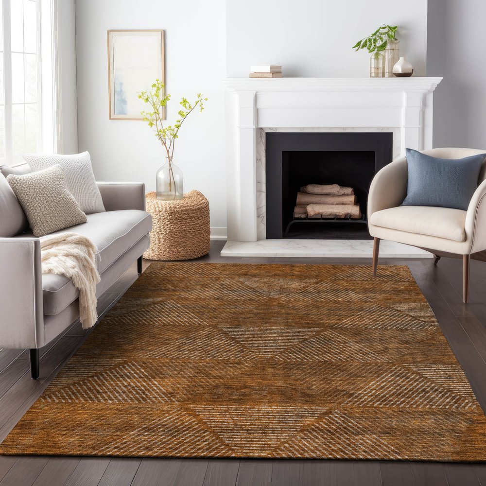 9' X 12' Terra Cotta Copper And Beige Geometric Washable Indoor Outdoor Area Rug