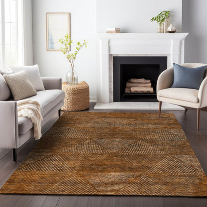 9' X 12' Terra Cotta Copper And Beige Geometric Washable Indoor Outdoor Area Rug