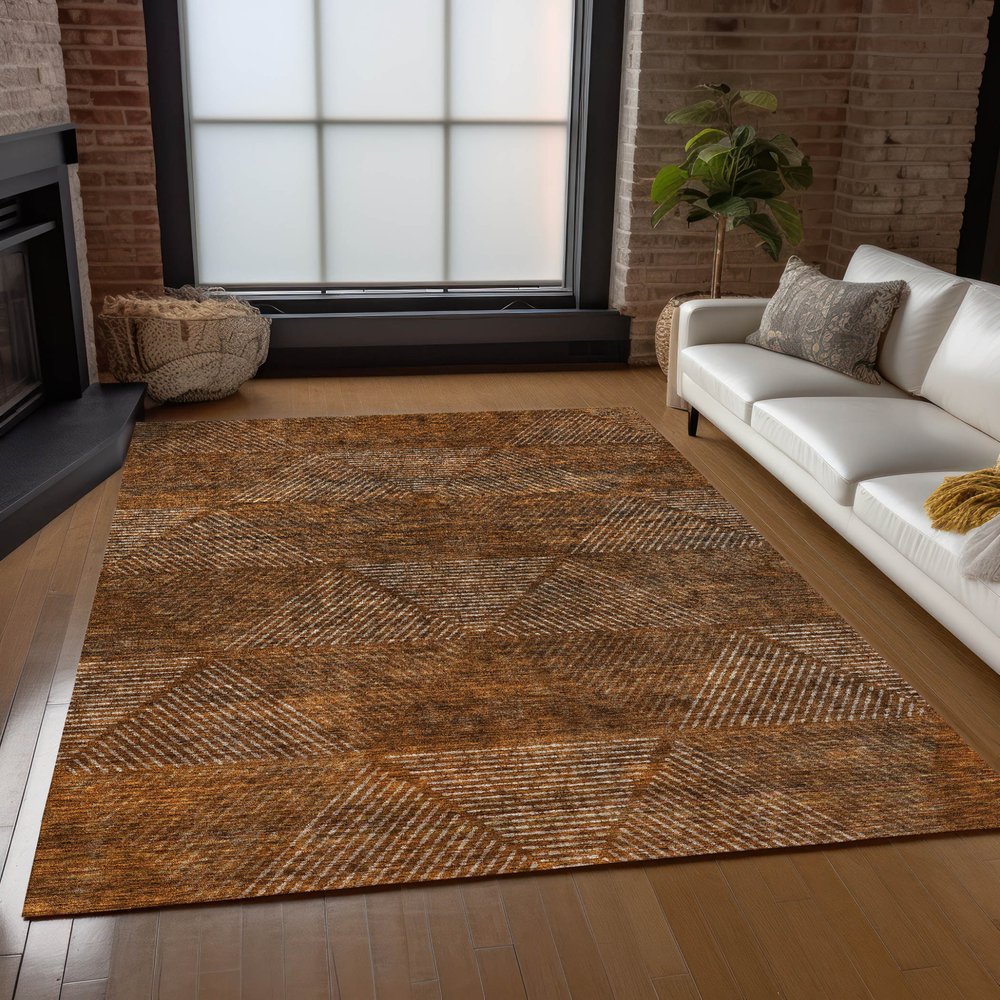 9' X 12' Terra Cotta Copper And Beige Geometric Washable Indoor Outdoor Area Rug