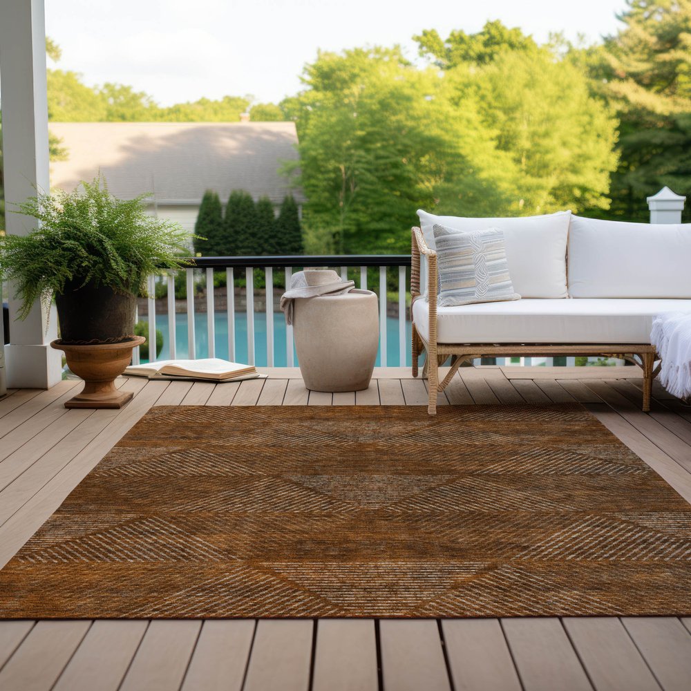 9' X 12' Terra Cotta Copper And Beige Geometric Washable Indoor Outdoor Area Rug