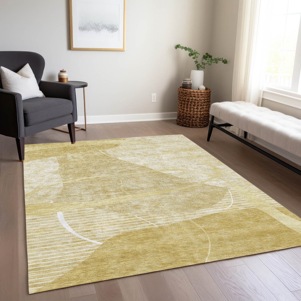 9' X 12' Wheat Gold And Ivory Abstract Washable Indoor Outdoor Area Rug