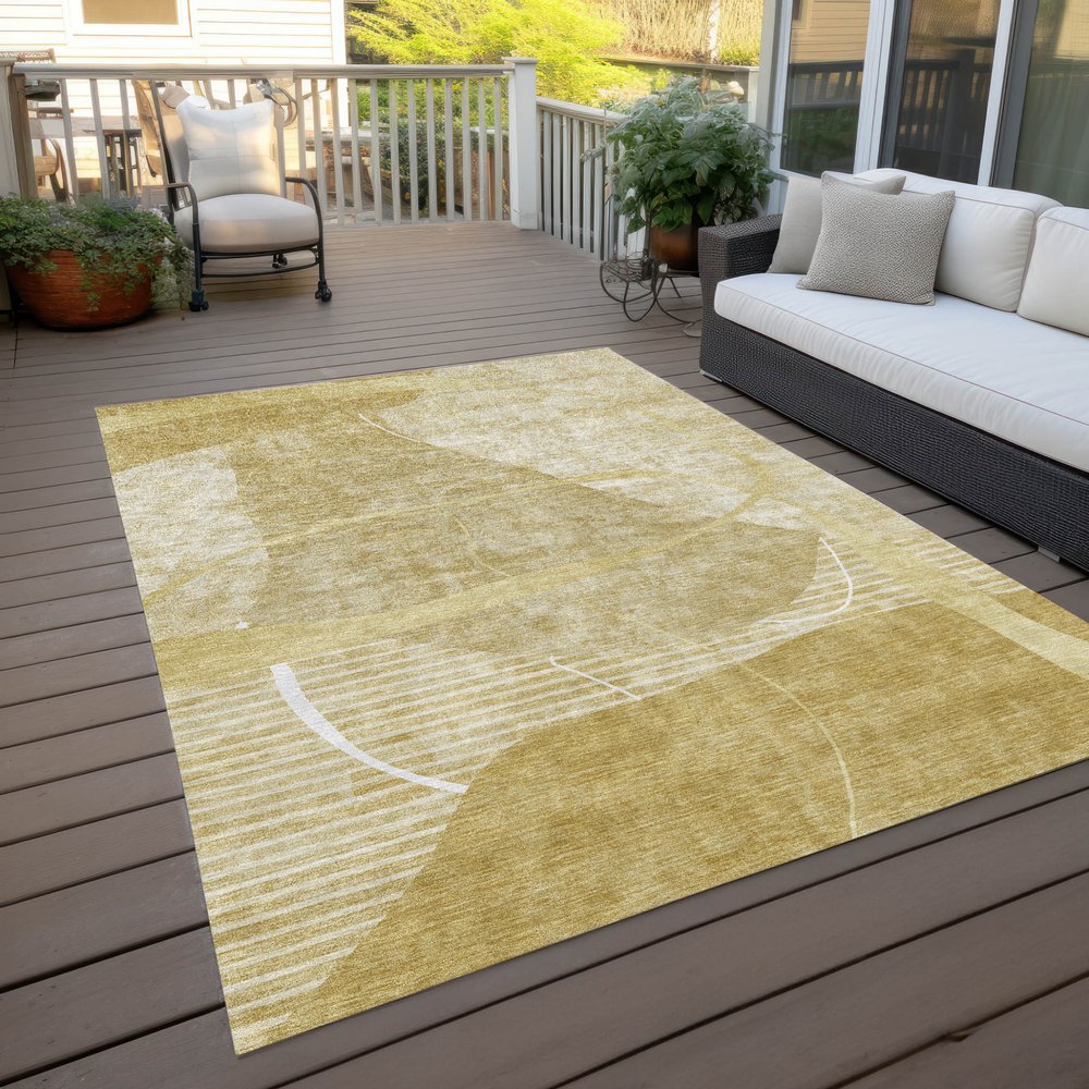 9' X 12' Wheat Gold And Ivory Abstract Washable Indoor Outdoor Area Rug