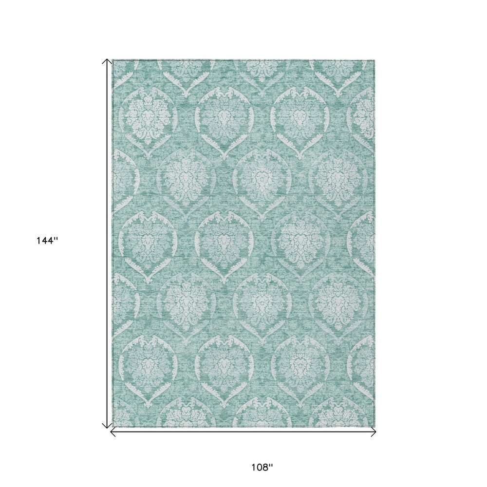 9' X 12' Turquoise Teal Blue And Ivory Medallion Washable Indoor Outdoor Area Rug