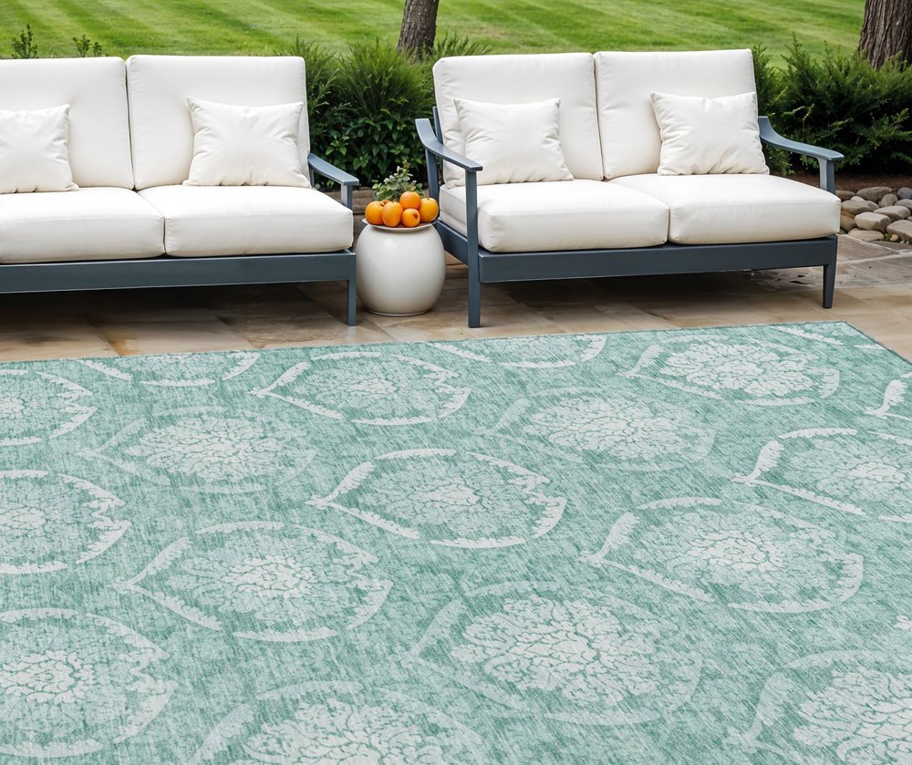 9' X 12' Turquoise Teal Blue And Ivory Medallion Washable Indoor Outdoor Area Rug