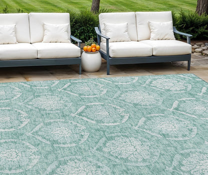 9' X 12' Turquoise Teal Blue And Ivory Medallion Washable Indoor Outdoor Area Rug