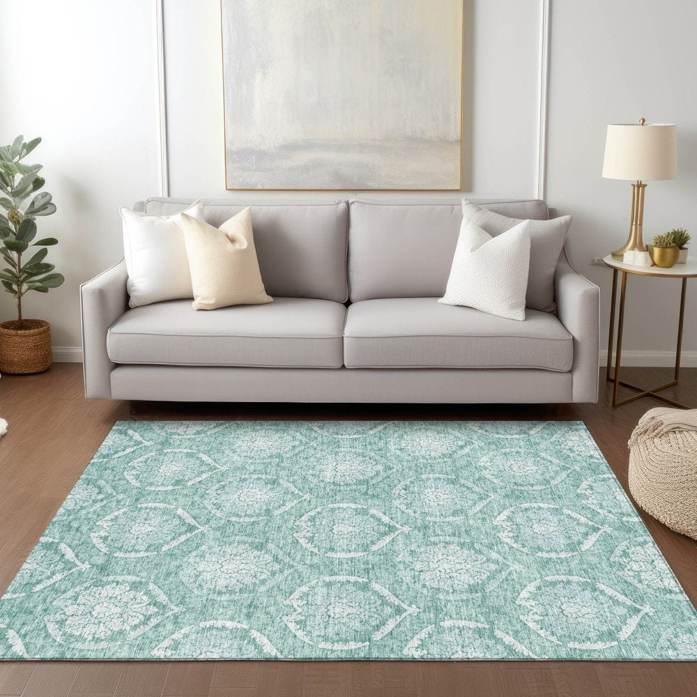 9' X 12' Turquoise Teal Blue And Ivory Medallion Washable Indoor Outdoor Area Rug