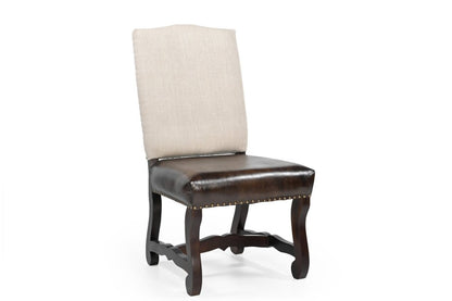 Set of Two Cream and Dark Brown Wood Leather And Linen Dining Side Chairs