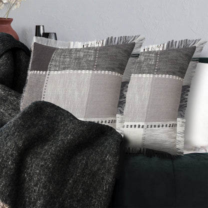 Set of Two 20" Gray And Off White Plaid Cotton Blend Throw Pillows with Fringe