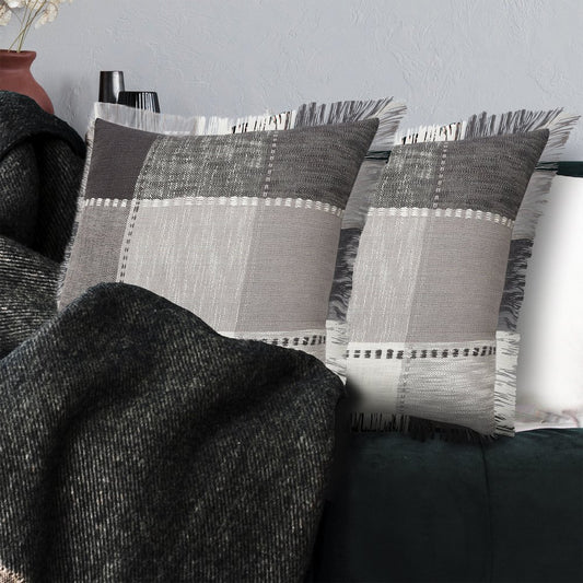 Set of Two 20" Gray And Off White Plaid Cotton Blend Throw Pillows with Fringe