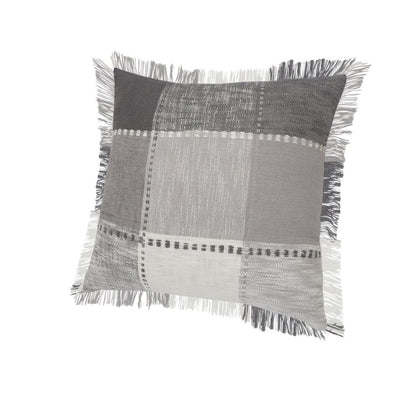 Set of Two 20" Gray And Off White Plaid Cotton Blend Throw Pillows with Fringe