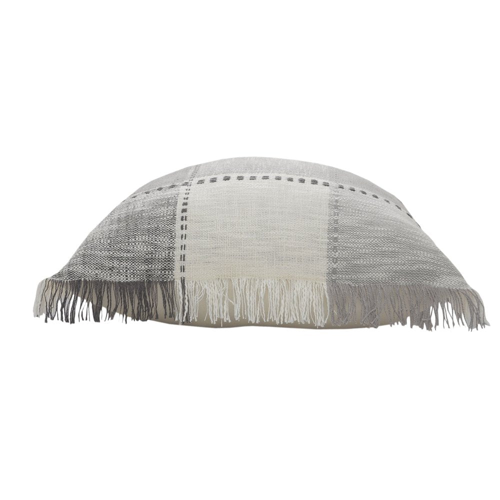 Set of Two 20" Gray And Off White Plaid Cotton Blend Throw Pillows with Fringe