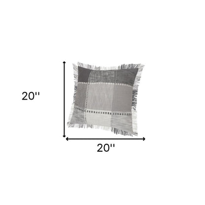 Set of Two 20" Gray And Off White Plaid Cotton Blend Throw Pillows with Fringe
