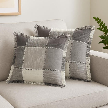 Set of Two 20" Gray And Off White Plaid Cotton Blend Throw Pillows with Fringe