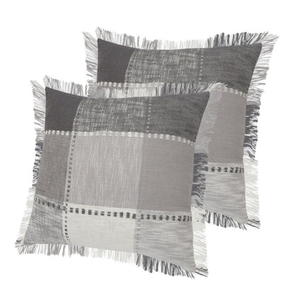 Set of Two 20" Gray And Off White Plaid Cotton Blend Throw Pillows with Fringe