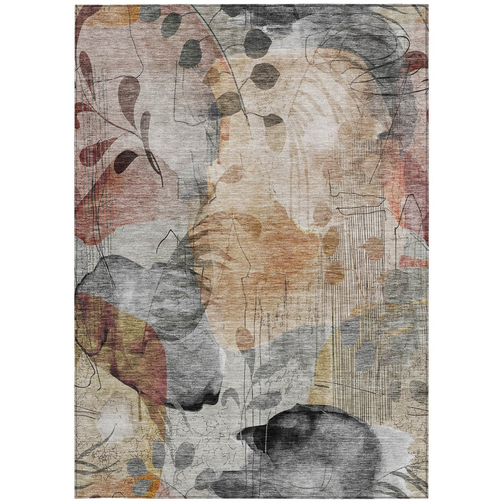 9' X 12' Terra Cotta Copper And Beige Floral Washable Indoor Outdoor Area Rug