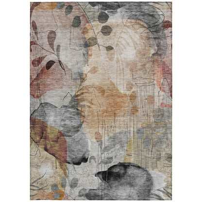 9' X 12' Terra Cotta Copper And Beige Floral Washable Indoor Outdoor Area Rug