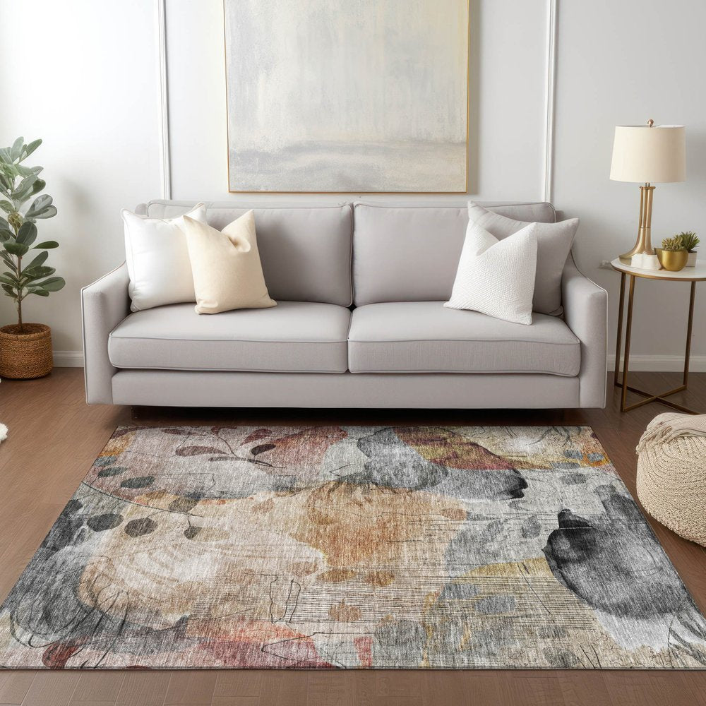 9' X 12' Terra Cotta Copper And Beige Floral Washable Indoor Outdoor Area Rug