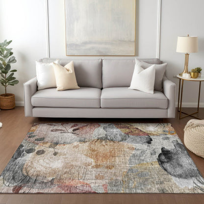 9' X 12' Terra Cotta Copper And Beige Floral Washable Indoor Outdoor Area Rug