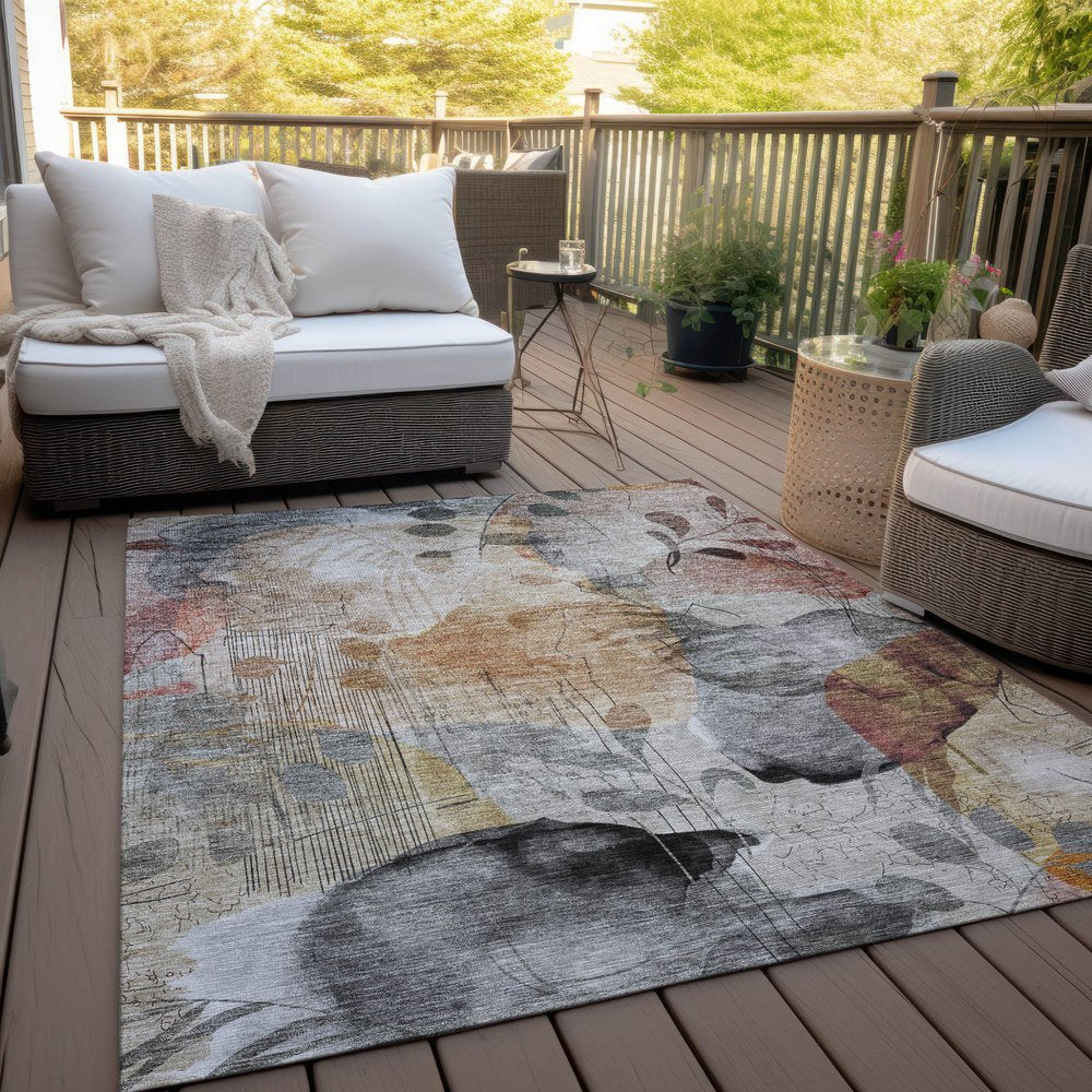 9' X 12' Terra Cotta Copper And Beige Floral Washable Indoor Outdoor Area Rug