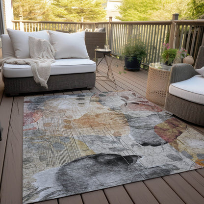9' X 12' Terra Cotta Copper And Beige Floral Washable Indoor Outdoor Area Rug