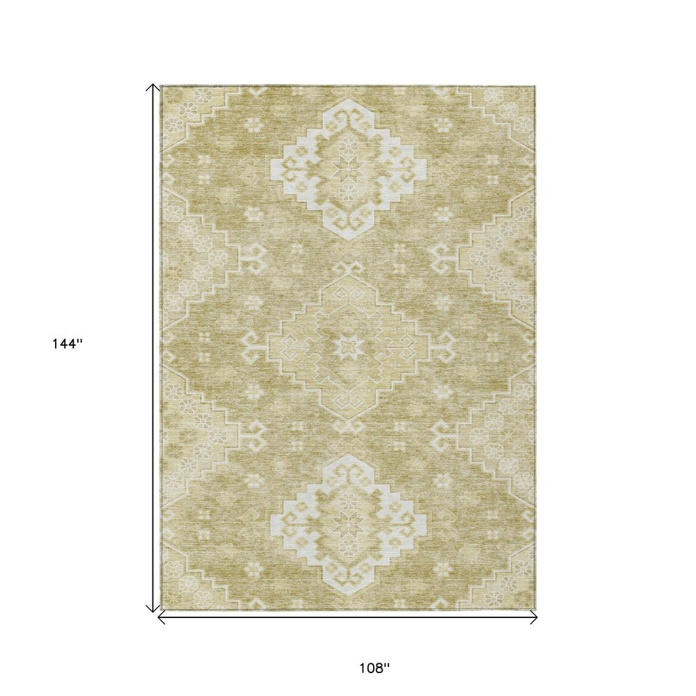 9' X 12' Wheat Gold And Ivory Medallion Washable Indoor Outdoor Area Rug