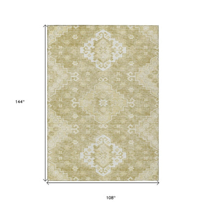 9' X 12' Wheat Gold And Ivory Medallion Washable Indoor Outdoor Area Rug