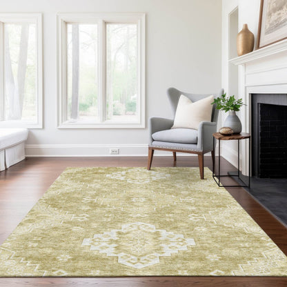 9' X 12' Wheat Gold And Ivory Medallion Washable Indoor Outdoor Area Rug