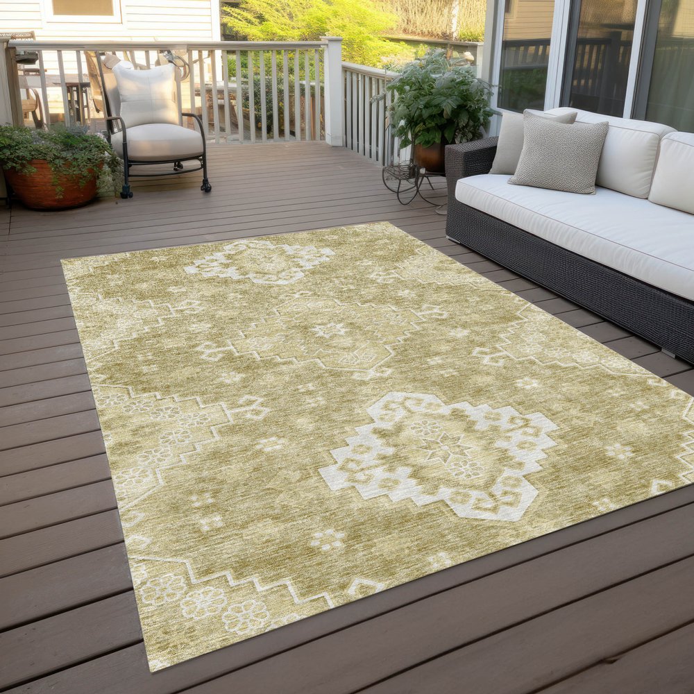 9' X 12' Wheat Gold And Ivory Medallion Washable Indoor Outdoor Area Rug