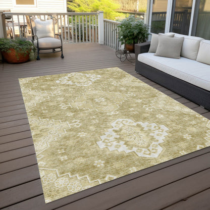 9' X 12' Wheat Gold And Ivory Medallion Washable Indoor Outdoor Area Rug