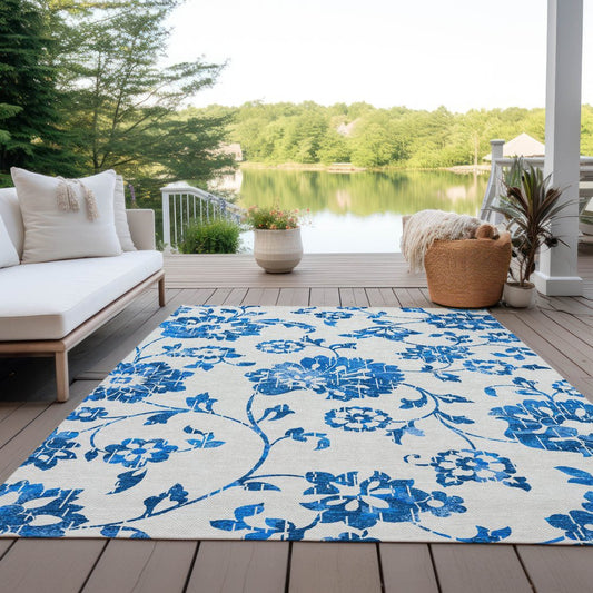 9' X 12' White And Denim Blue Floral Washable Indoor Outdoor Area Rug