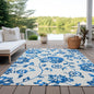 9' X 12' White And Denim Blue Floral Washable Indoor Outdoor Area Rug
