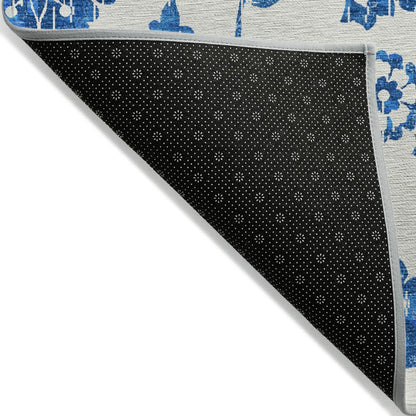 9' X 12' White And Denim Blue Floral Washable Indoor Outdoor Area Rug