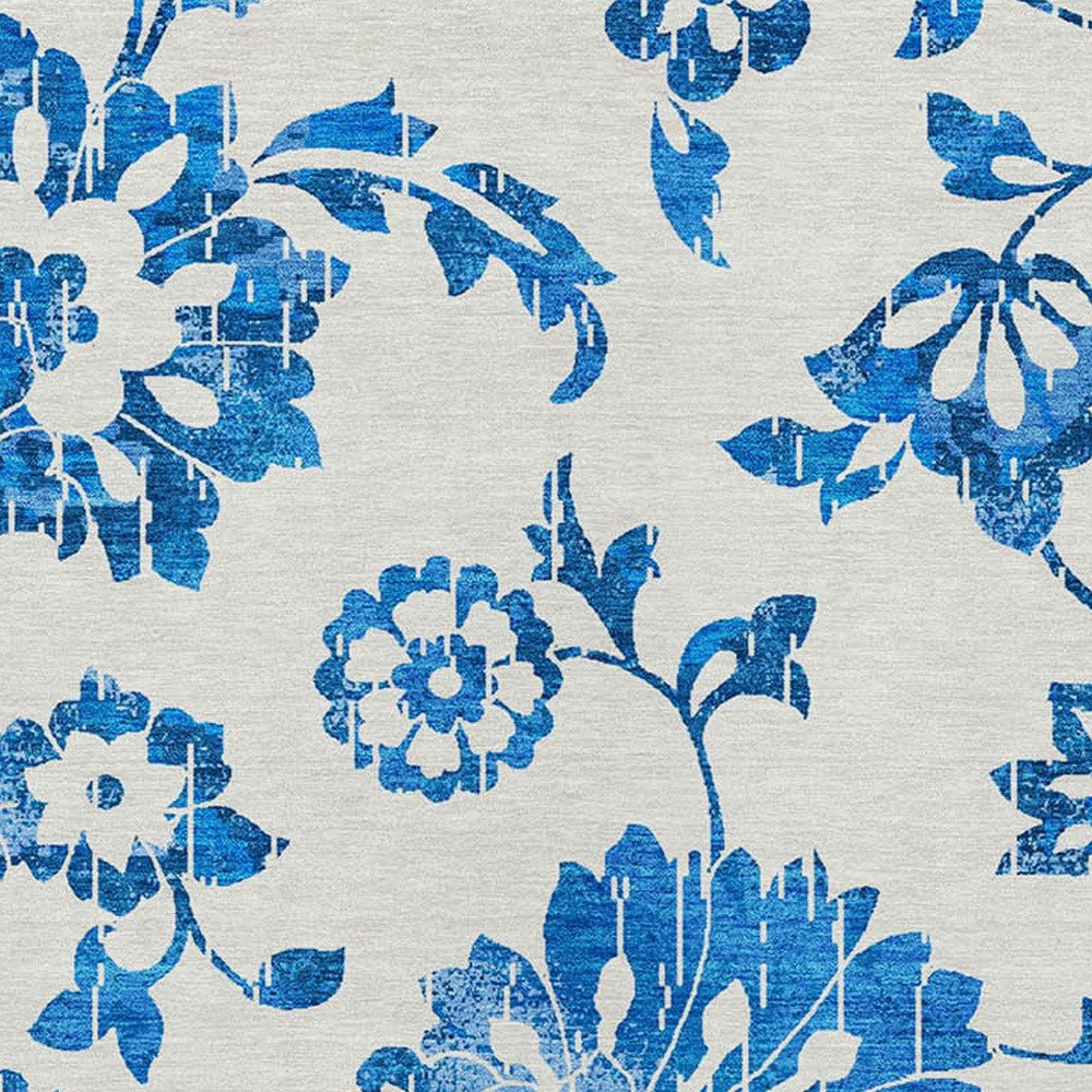 9' X 12' White And Denim Blue Floral Washable Indoor Outdoor Area Rug