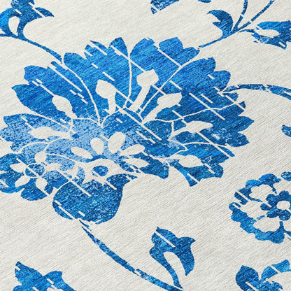 9' X 12' White And Denim Blue Floral Washable Indoor Outdoor Area Rug
