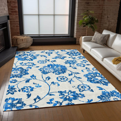 9' X 12' White And Denim Blue Floral Washable Indoor Outdoor Area Rug