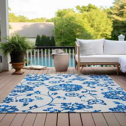 9' X 12' White And Denim Blue Floral Washable Indoor Outdoor Area Rug