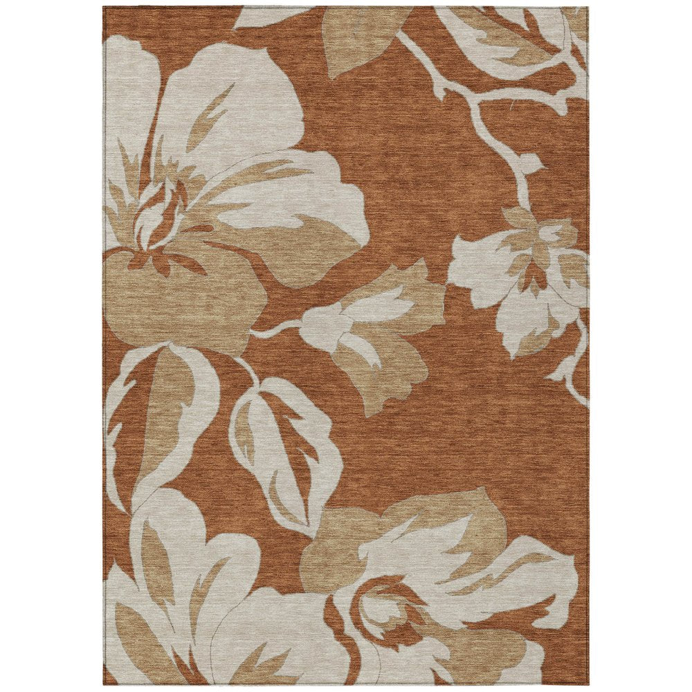 9' X 12' Terra Cotta And Beige Floral Washable Indoor Outdoor Area Rug