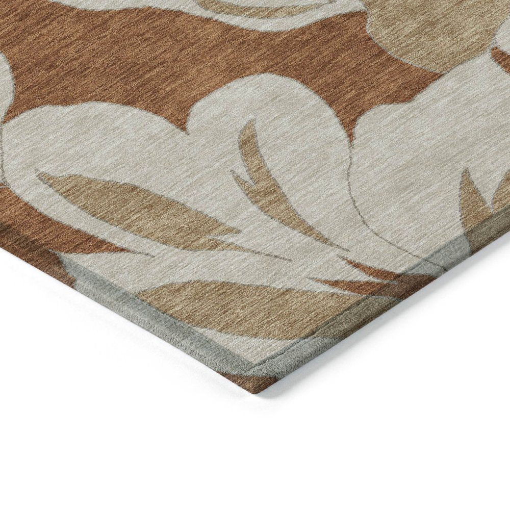 9' X 12' Terra Cotta And Beige Floral Washable Indoor Outdoor Area Rug