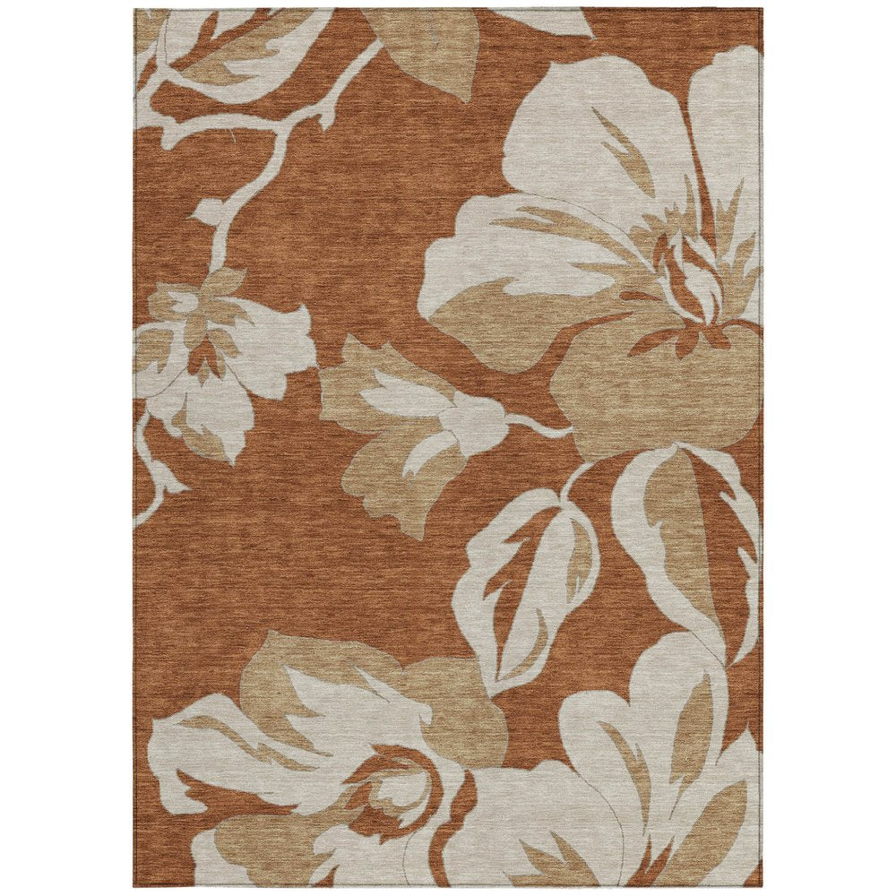 9' X 12' Terra Cotta And Beige Floral Washable Indoor Outdoor Area Rug