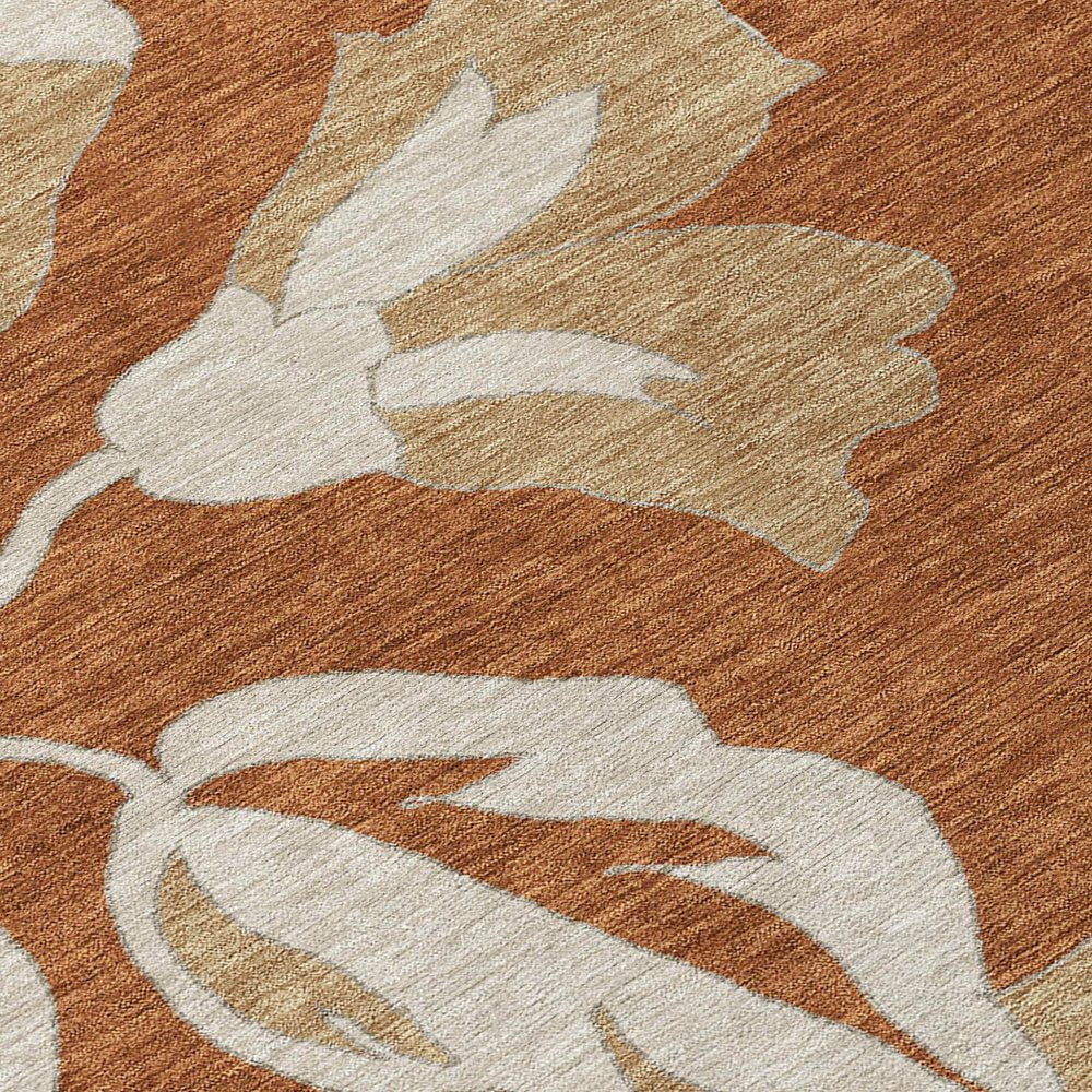 9' X 12' Terra Cotta And Beige Floral Washable Indoor Outdoor Area Rug